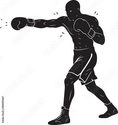 Strong Boxer Silhouette Striking with a Punch - Monochrome Illustration