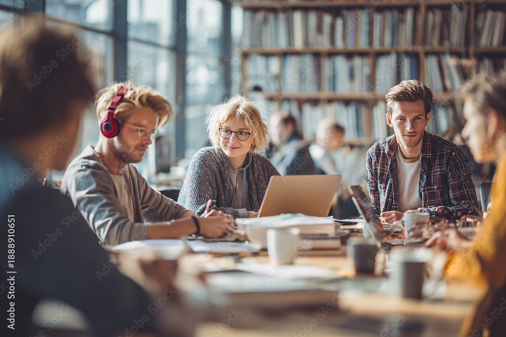Fototapeta premium Young professionals collaborating at modern office workspace