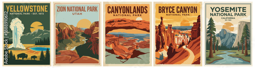 Vintage national park poster set. Yellowstone, Zion, Canyonlands, Bryce Canyon, Yosemite. Flat vector travel landscape illustrations. Retro wall art collection