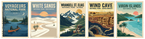 Vintage national park poster set. Voyageurs, White Sands, Wrangell St Elias, Wind Cave, Virgin Islands. Flat vector travel landscape illustrations. Retro wall art collection