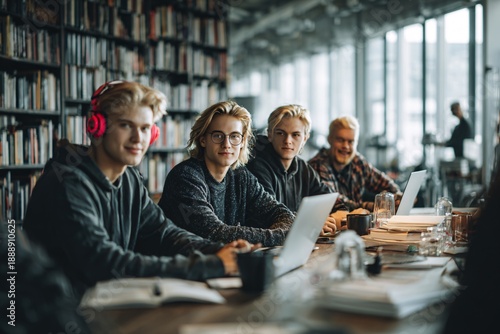 Wallpaper Mural Young adults collaborating with laptops in modern library Torontodigital.ca