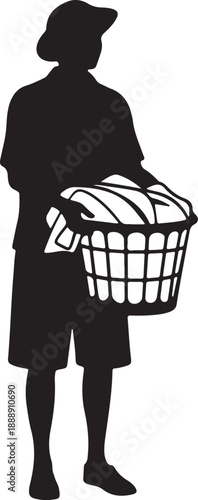 Silhouette of Person Carrying Full Laundry Basket Isolated Graphic Illustration