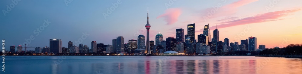 Fototapeta premium Iconic Montreal skyline, St Lawrence River backdrop, buildings, tourism, vector