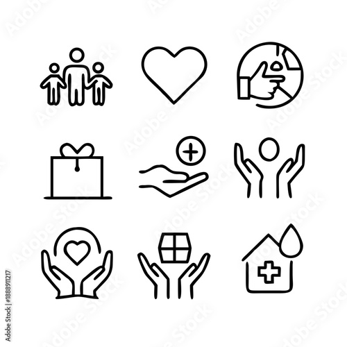 Charity and social welfare line icons set, editable stroke for donation and support concepts