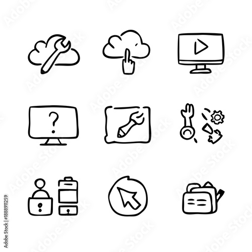 Hand-drawn IT support icons, editable line art for technology assistance and computer service concepts