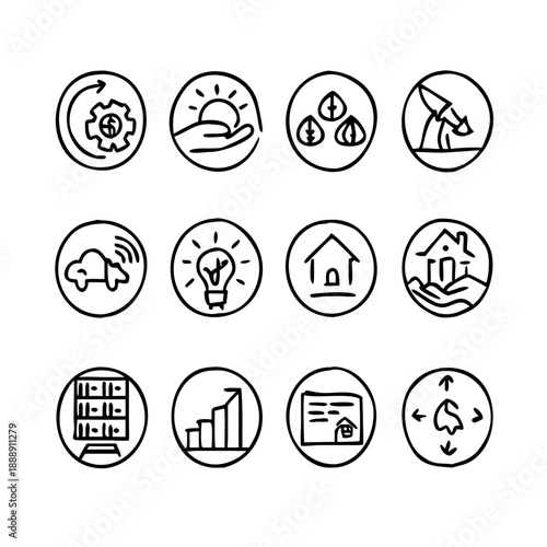 Hand-drawn business continuity line icons, editable for corporate resilience and strategy concepts