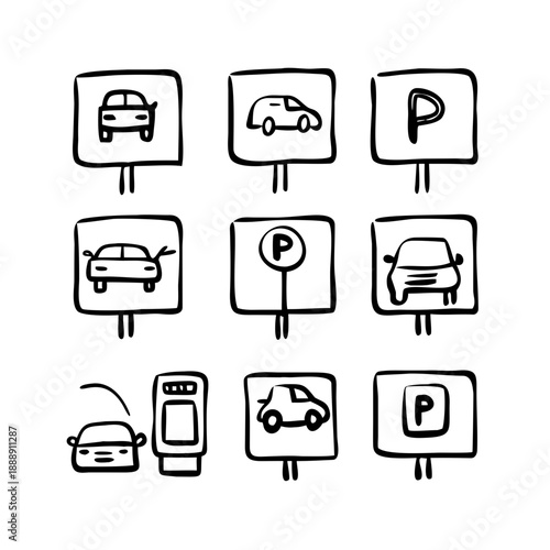 Hand-drawn parking icons set, editable line art for transportation, vehicles, and space concepts