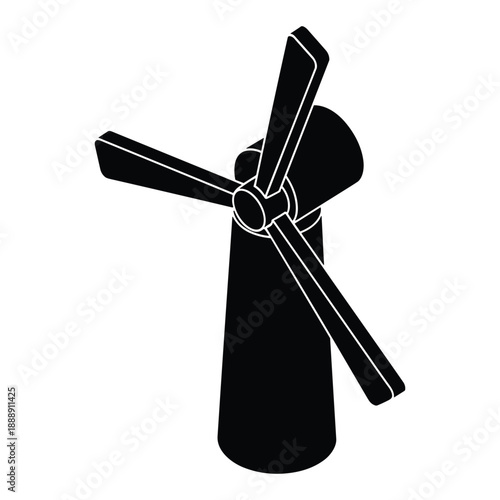 Black silhouette of a windmill with three blades on white background