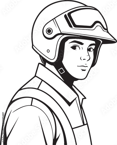 Black and white line art portrait of a young man in a safety helmet