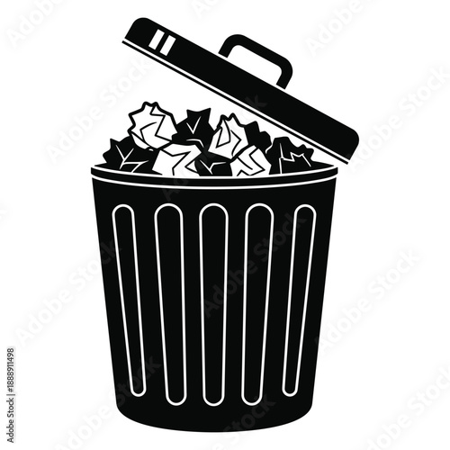 Black trash can with crumpled paper and open lid garbage