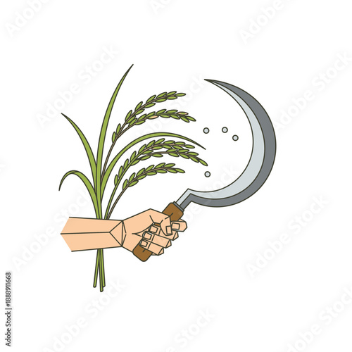 Agriculture Harvest Icon: Hand Holding Sickle and Rice Stalks Illustration, Symbolizing Farming, Labor, and Food Production