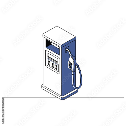 Blue and white gas pump with digital display and nozzle fuel pump