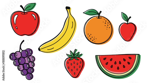 Collection of Fresh Fruits Illustrated in a Whimsical Hand-Drawn Style.