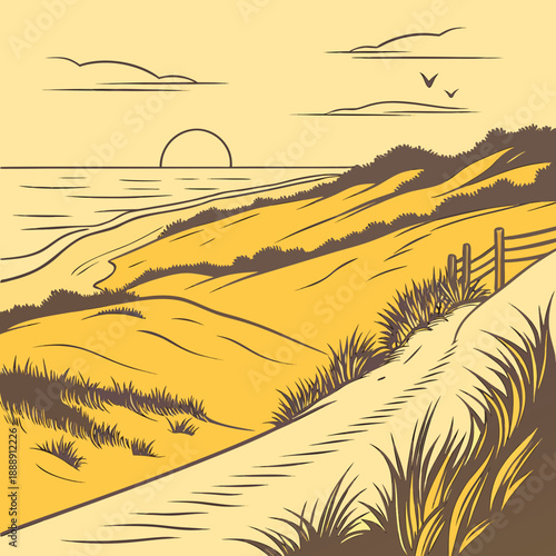 Serene coastal dune sunrise landscape, clean vector illustration, depicting a peaceful morning by the sea with soft light.
