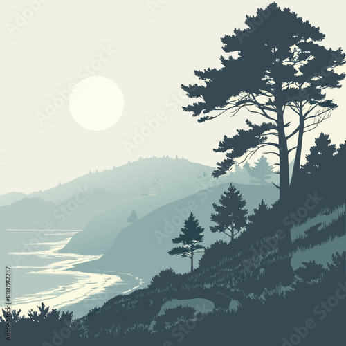 Ethereal coastal fog sunrise landscape, minimalist vector illustration, evoking a quiet, dreamlike morning by the sea.