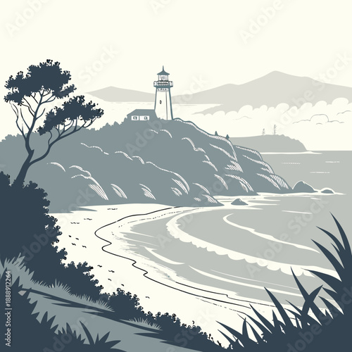 Mystical coastal island fog landscape, minimalist vector illustration, creating a tranquil and atmospheric natural setting.