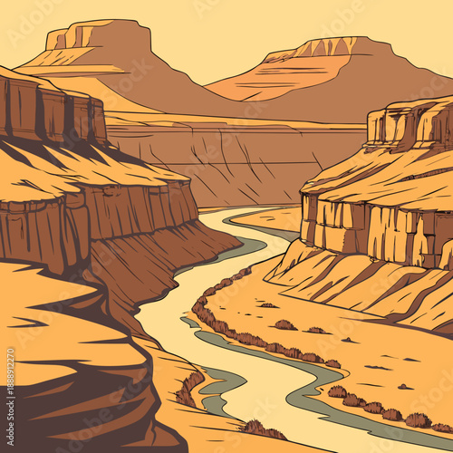 Unique desert plateau river cut landscape, modern flat vector illustration, depicting the power of nature in arid environments.