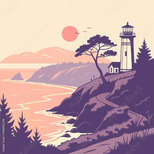 Mysterious coastal fog sunrise landscape, minimalist vector art with muted colors and ethereal atmosphere, perfect for contemplative designs.