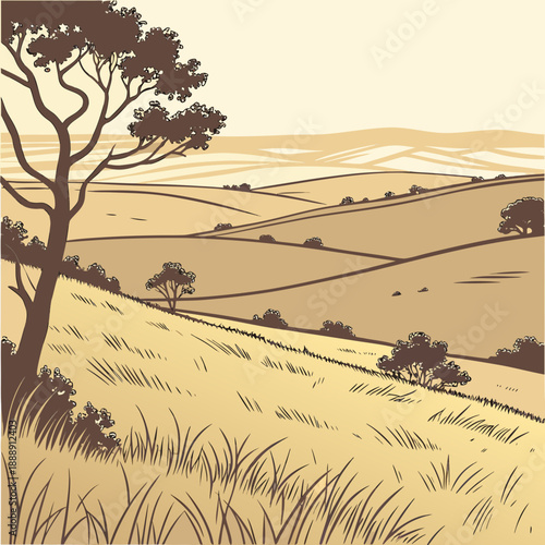 Modern flat vector design of a dry grass valley landscape, evoking a peaceful, arid natural atmosphere.