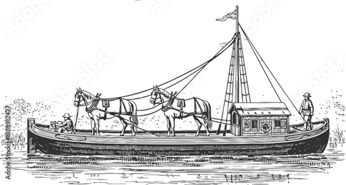 Vintage horse drawn barge on river with two men steering and walking alongside