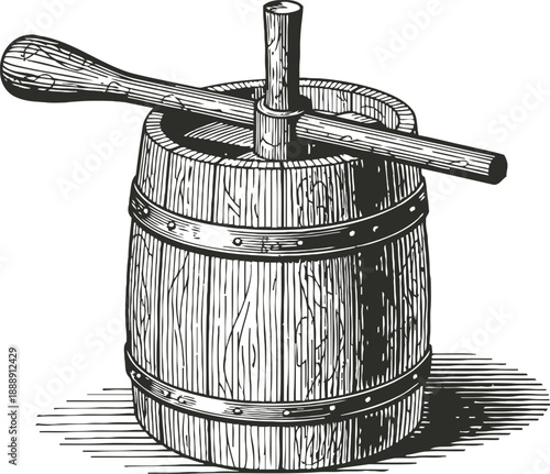 Wooden butter churn with dasher traditional hand tool for making butter from cream
