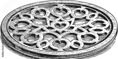 Ornate circular wooden coaster with intricate heart and geometric pattern carved design