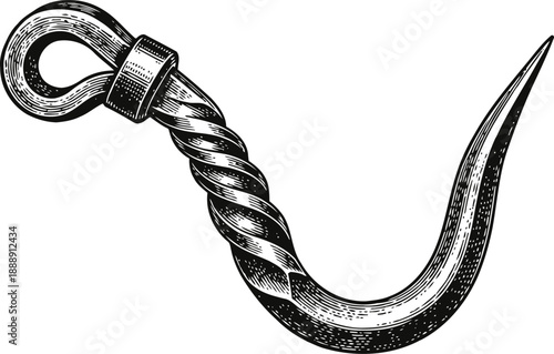 antique twisted metal hook with looped eye, vintage hand forged design