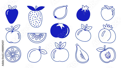 Collection of Hand Drawn Fruit and Vegetable Icons in Blue Outline Style.