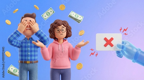 A man and a woman experiencing financial difficulty, receiving a declined transaction error card with money and coins falling.
