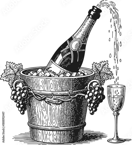 Champagne bottle in wooden bucket with ice pouring into elegant glass, grapes and leaves decoration