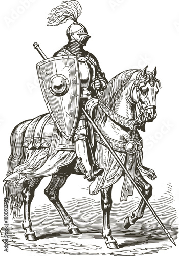 Medieval knight in armor on armored horse holding lance and shield with plume on helmet
