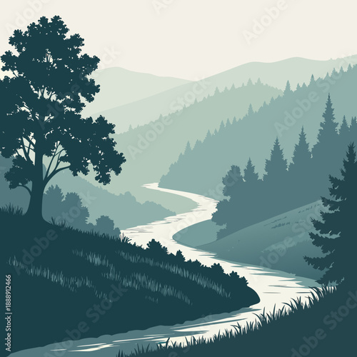Clean flat vector art of a foggy river valley landscape, evoking a calm and mysterious atmosphere.