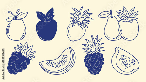 Collection of Hand Drawn Fruits and Berries in Outline and Solid Blue.