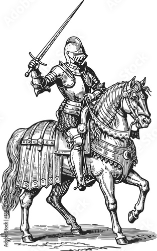 Medieval knight in full armor riding armored horse with raised sword drawn for battle