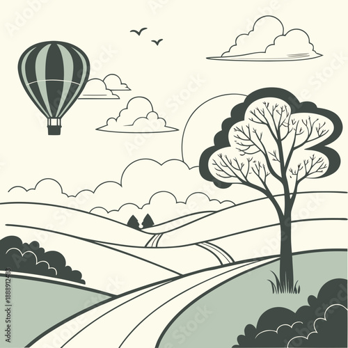 Ethereal floating valley landscape art with soft layered clouds, a dreamy vector illustration.