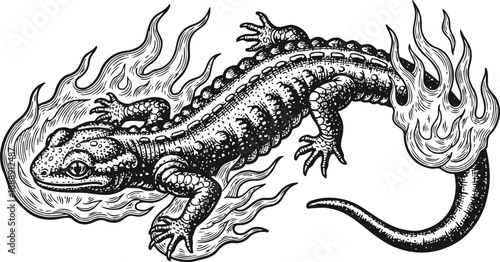 illustration of a salamander with flames, mythical fire lizard creature in vintage