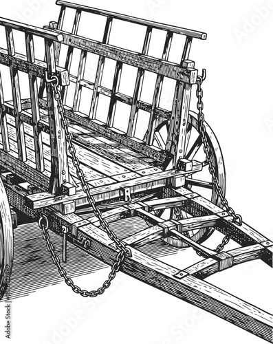 Old fashioned wooden farm wagon with metal chains and detailed framework illustration