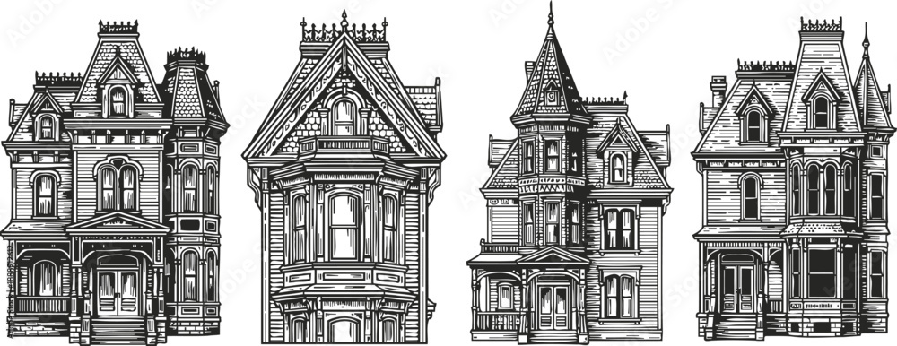 Obraz premium Set of detailed victorian houses vintage architectural design with intricate ornamentation historic residential buildings in black line art