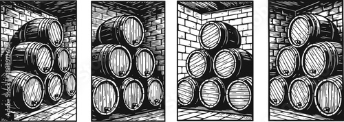 Wooden barrels stacked in cellar corners vintage storage of aging wine or whiskey in rustic brick walls