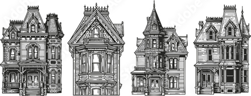 Set of detailed victorian houses vintage architectural design with intricate ornamentation historic residential buildings in black line art