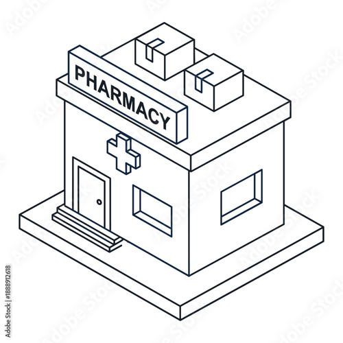 Isometric of a pharmacy building with a cross and sign