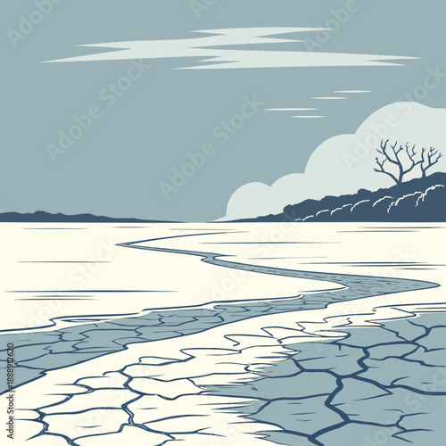 Minimalist vector artwork depicting a serene frozen ocean landscape, featuring cool blue hues and abstract, clean design.