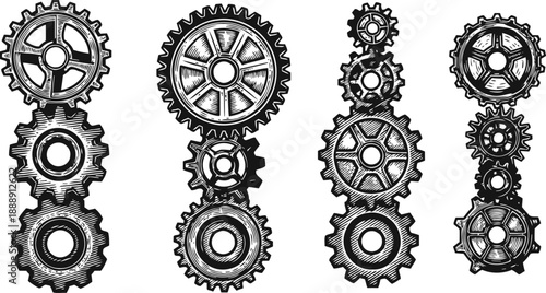 Mechanical gears set with different sizes and interlocking teeth, technical engineering elements in vintage engraving
