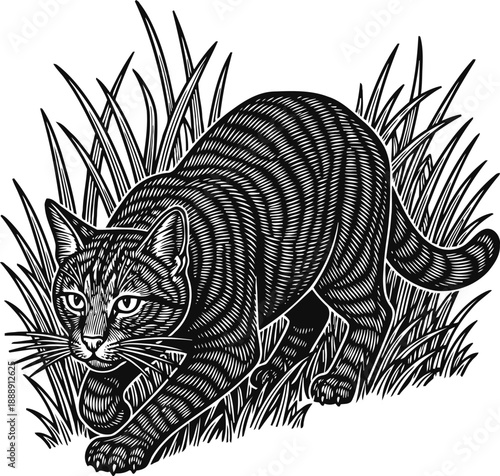Black striped wildcat crouching in grass, detailed engraving hunting predator illustration