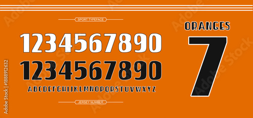 Orange Jersey with A bold athletic jersey display font with strong clean numbers, built for football kits, national teams, and sports branding.