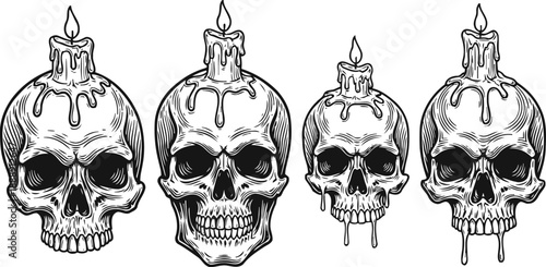 Four detailed skulls with melting wax candles on top in black and white illustration