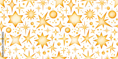 Watercolor hand drawn gold stars and flashes seamless pattern isolated on white background. Shiny Christmas winter decoration yellow stars, dots, glitter. Clip art elements for starry sky. New year