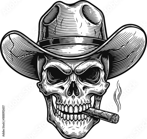 Skull wearing cowboy hat with cigar in mouth grinning skeleton with smoking cigar and wide brimmed hat