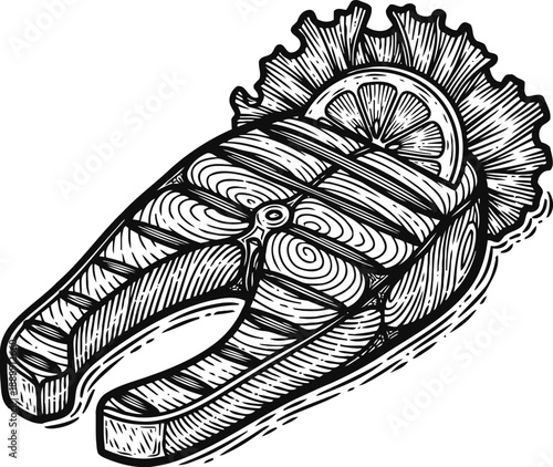 Grilled fish steak with lemon slice and lettuce garnish detailed black and white illustration