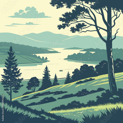 Modern vector art of a highland lake plateau landscape, showcasing natural beauty with clean lines and serene colors.